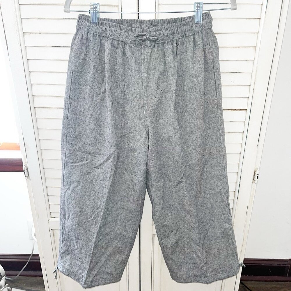 Ganesh Women Linen Pant Wide-leg Elastic Waist Pockets Grey Tie Cuff Nepal